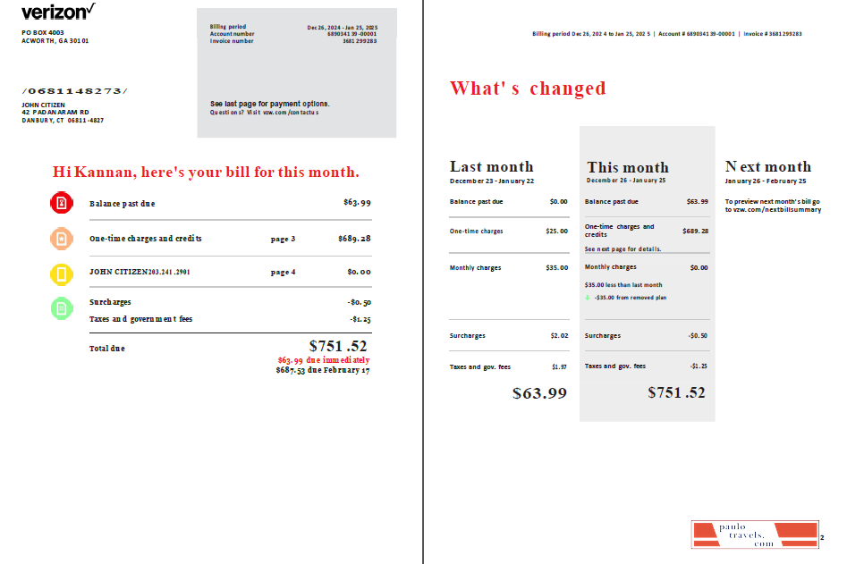 USA Verizon utility bill template in Word and PDF formats, 2 pages